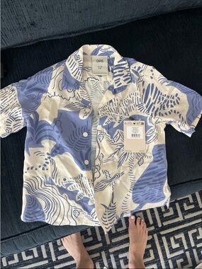 OAS White and Light Blue Abstract Print Short Sleeve Shirt